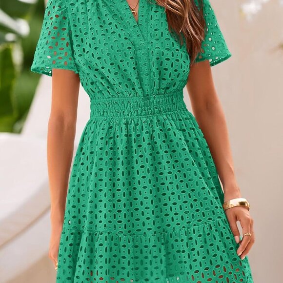 2025 Women Summer Short Dress V Neck Short Sleeve A Line Hollow Out Lace Ruffle - Picture 4 of 8